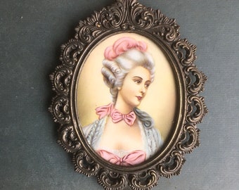 Vintage Brass Ornate Oval Frame with Baroque Painting of Lady Marie Antoinette Regency Style