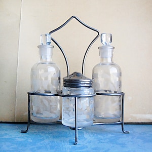 Vintage Cruet Set Frosted Glass and Silver Plate Glass Bottles and Salt Pepper Shaker Tabletop Rustic Kitchen Condiment Set