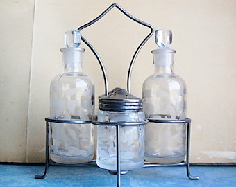 Vintage Cruet Set Frosted Glass and Silver Plate Glass Bottles and Salt Pepper Shaker Tabletop Rustic Kitchen Condiment Set