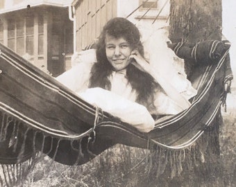 Vintage Photo Woman in Boho Hammock Outside Summer Lawn Relaxing Old Photograph 1918 Edwardian Fashion