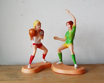 Vintage Woman Sports Cake Topper Figurine Retro Girl Womens Soccer Football Basketball Players