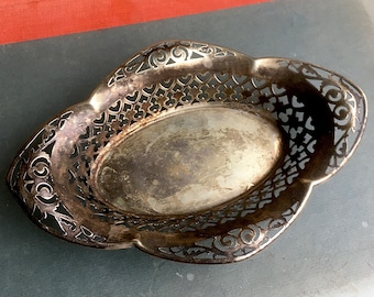 Vintage Silver Small Tray or Candy Dish Ornate for Antique Home Patina.