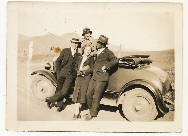 Vintage Photograph Friends with Old Car Outdoors 1930s Fashion Snapshot Black and White Antique Photograph. image 1