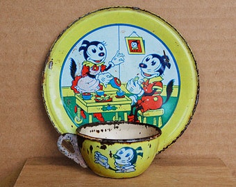 Vintage Krazy Kat Cartoon Child Toy Tin Litho Plate and Tea Cup Comic Character 1930s by J Chein and Company.