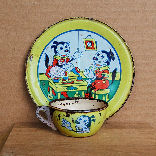 Vintage Krazy Kat Cartoon Child Toy Tin Litho Plate and Tea Cup Comic Character 1930s by J Chein and Company.
