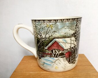 Vintage Transferware Ceramic Cup Friendly Village Pattern with Winter Countryside Nature Tree Theme with Covered Bridge from England