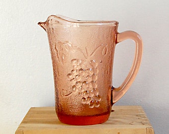 Vintage Pink Glass Creamer Small Pitcher Frosted with Harvest Thanksgiving Table Grapes and Vine Nature Indonesia Glass.