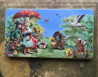 Vintage Fairy Tale Tin Candy Box with Cute Woodland Mushroom and Anthro Rabbits Nature Child