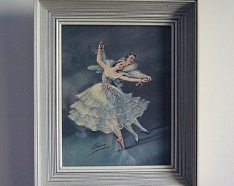 Vintage Art Print Ballet Dancing Couple Mid Century Modern Wall Art with Blue in White Wood Frame.