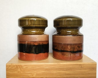 Vintage Ceramic Salt and Pepper Shakers Organic Earthy Brown And Green 1970s Home Decor.