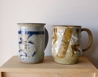 Handmade Pair of Ceramic Mugs / Coffee Tea / Earthy / Zen / Organic / Blue / Sand.
