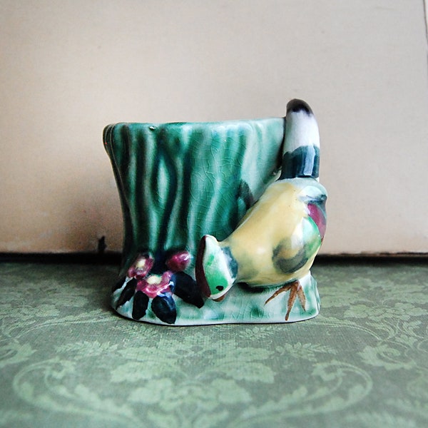 Vintage Ceramic Bird Planter with Tree Trunk Florart 1960s Tropical Bird Figurine Flowers Small Vase