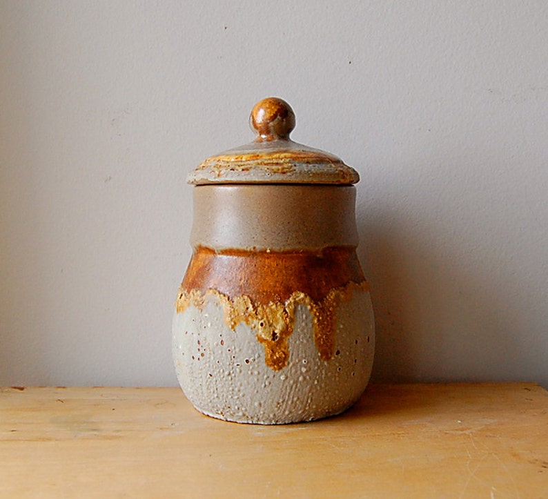 Vintage Ceramic Cookie Jar Container Lava Grey Honey Gold Laurentian Potteries Coffee Rustic Home Decor 1970s image 1