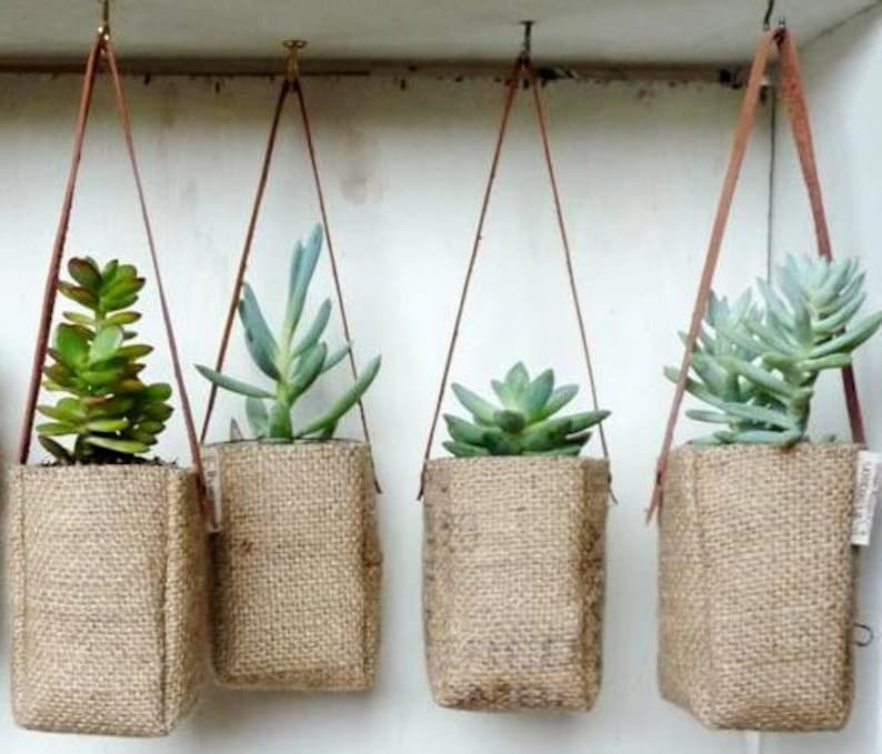 Upcycled burlap hanging baskets. Succulent baskets. Repurposed Etsy