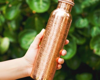 Hand-Engraved Copper Water Bottle – Floral Geometric Design, 1000ml