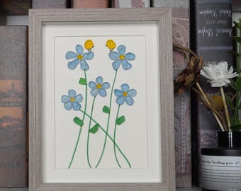Handmade Sea Glass Flowers with Birds Home Art Decor Sea Glass Forget-Me-Not Flowers Art Frame， Birthday Best Friend Gift Memorial Gifts