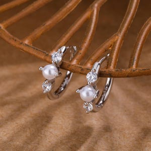 Minimalist Pearl Huggie Hoop Earrings: 14K Gold Plated, CZ Diamond