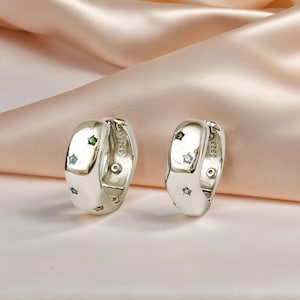 Starburst Chubby Hoops in Sterling Silver,18K Gold Celestial Wave Earrings,Pastel Stone Petite Hoops,Dainty Thick Gold Earrings,Gift for Her