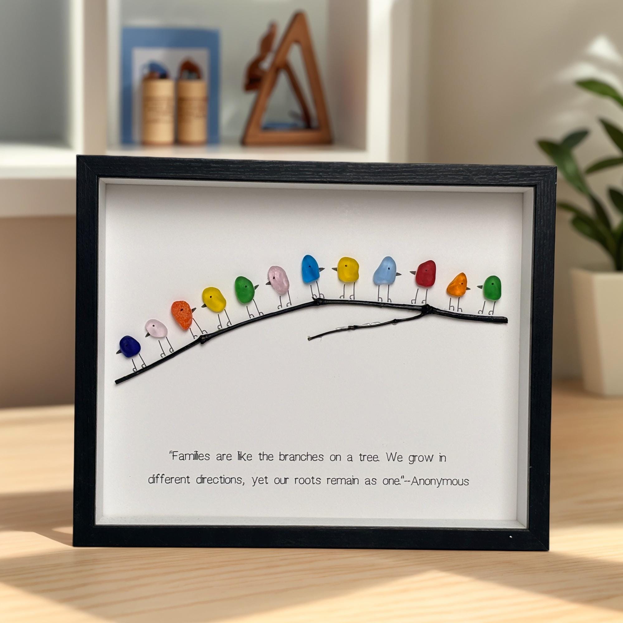 Personalised Sea Glass Rainbow Birds on Branch, Sea Glass Birds Wall Art Decor, Birthday Friendship Gift Gifts for the family New House Gift