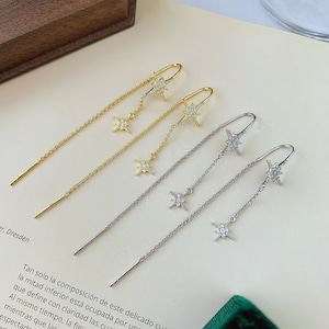 Starburst Threader Earrings with Moissanite Diamond,Sterling Silver Delicate Drop Chain Earring,North Star U Shape Ear Threader,Gift for Her
