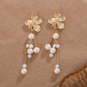 Gold Flower Drop Earrings with Real Freshwater Pearls,Pearl Tassel Drop Earrings, Elegant Bridal Jewelry, Wedding & Bridesmaid Gifts for Her