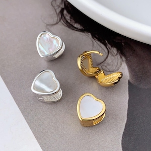 Mother of Pearl Heart Huggie Earrings: Sterling Silver Love Hoops