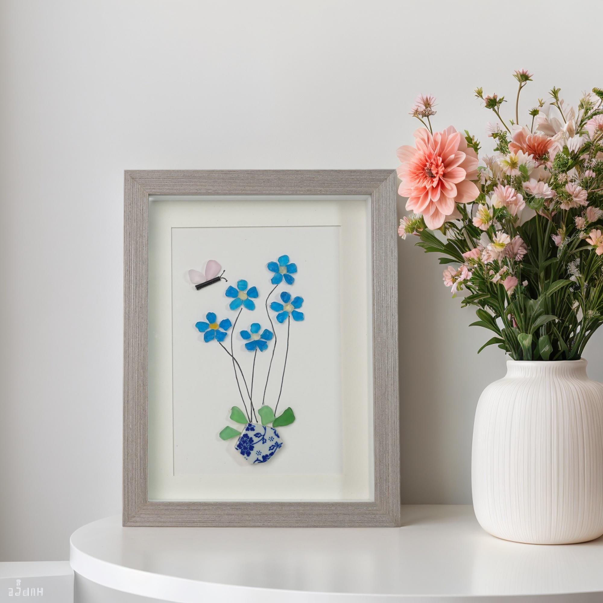 Forget Me Not Sea Glass Wall Art,Handmade Flower Living Room Bedroom Dining Entryway Wall Art,Best Friend Gift,Sea Glass Art,Christmas Gifts