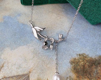 925 Sterling Silver Lily of The Valley Flower Pendant Necklace,Bluebell Necklace with Pearl,Floral Necklace,Gift for Her