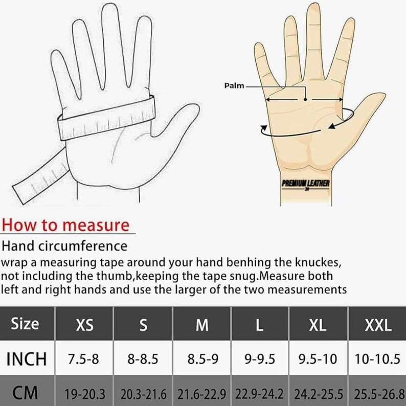 May include: A chart showing how to measure hand circumference for gloves. The chart includes measurements in inches and centimetres for sizes XS, S, M, L, XL, and XXL.
