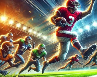 May include: A group of football players in action on a green pitch. The players are wearing different coloured uniforms, including red, blue, and green. The player in the red uniform is running with the ball, while the other players are blocking or tackling. The background is a blurred image of a stadium with lights.