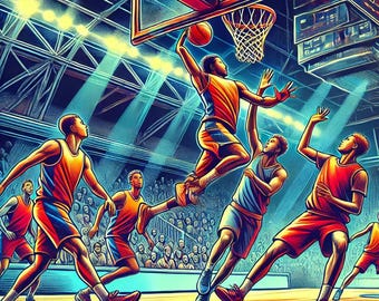 May include: A group of four basketball players in a brightly lit gymnasium. The player in the centre is jumping to shoot a basketball through a hoop. The other players are wearing orange, blue, and red jerseys. The players are on a basketball court with a crowd of spectators in the background.