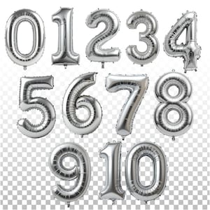 Number Balloon Silver, 10 Balloon Numbers Clipart,Birthday Balloons PNG