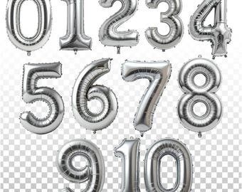 Number Balloon Silver, 10 Balloon Numbers Clipart,Birthday Balloons PNG