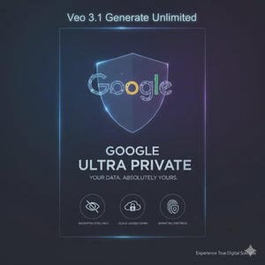 Può includere: Grafica digitale con il logo Google all'interno di uno scudo, con il testo "GOOGLE ULTRA PRIVATE" e "I TUOI DATI, ASSOLUTAMENTE TUOI." Sotto, icone per occhi crittografati, blocco cloud e fortezza biometrica. Il testo in alto recita "Veo 3.1 Generate Unlimited."