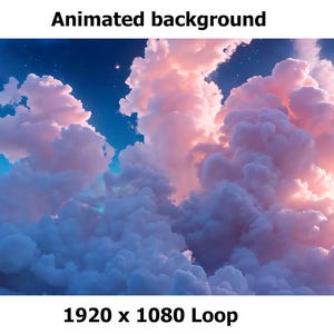 Può includere: Immagine di sfondo animata con un cielo pieno di nuvole rosa e bianche. Le nuvole sono illuminate dalla luce del sole, creando un'atmosfera morbida e sognante. Il testo "Animated background" e "1920 x 1080 Loop" sono visualizzati.