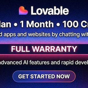 Könnte beinhalten: Digitale Werbung für Lovable, mit einem Pro Plan mit 100 Credits für einen Monat. Die Anzeige verspricht das Erstellen von Apps und Websites mit KI, mit voller Garantie und erweiterten Funktionen. Ein Button lautet "Jetzt starten".