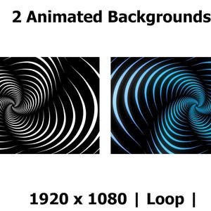 Può includere: Due sfondi animati con un motivo a spirale ipnotico. Il primo sfondo è bianco e nero, mentre il secondo sfondo è nero con linee blu. Entrambi gli sfondi sono di 1920 x 1080 pixel e sono in loop.
