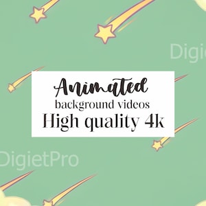 May include: A light green background with cartoon shooting stars and the text "Animated background videos High quality 4k" in a white rectangle.