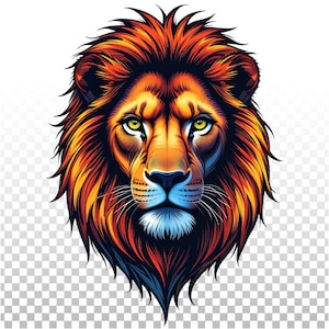May include: A close-up of a lion's face with a vibrant orange, red, and blue mane. The lion's eyes are open and focused, and its mouth is closed.