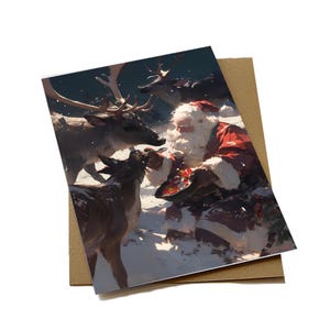 Cartes de Noël | de voeux pour les Fêtes, cartes postales de Noël classiques Père Noël et renne | Téléchargement numérique