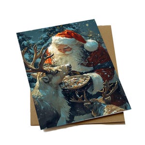 Cartes de Noël | de voeux pour les Fêtes, cartes postales de Noël classiques Père Noël et renne | Téléchargement numérique