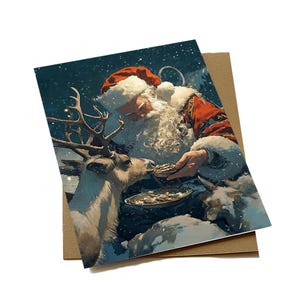 Cartes de Noël | de voeux pour les Fêtes, cartes postales de Noël classiques Père Noël et renne | Téléchargement numérique