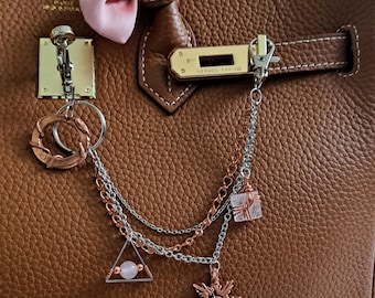Handbag jewelry, handbag charms, Copper, rose quartz, charms, handbag chain, heart base energy, harmony,