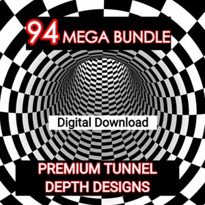 May include: A digital graphic design featuring a black and white tunnel with a checkered pattern. The image includes the text "94 MEGA BUNDLE" in red, "Digital Download" in white, and "PREMIUM TUNNEL DEPTH DESIGNS" in red.