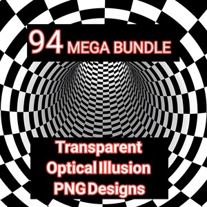 Peut inclure: Un graphique numérique présentant un motif de tunnel en damier noir et blanc créant une illusion d'optique. Le texte 94 MEGA BUNDLE et Transparent Optical Illusion PNG Designs est affiché en lettres blanches à contour rouge sur des rectangles noirs.