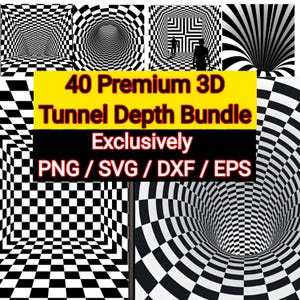 Puede incluir: Un paquete de arte digital con 40 diseños de profundidad de túnel 3D premium. Las imágenes muestran patrones geométricos en blanco y negro, incluyendo efectos de tablero de ajedrez y rayas, creando una ilusión óptica de profundidad. El texto en la imagen dice "40 Premium 3D Tunnel Depth Bundle Exclusively PNG / SVG / DXF / EPS."