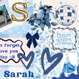 Op de afbeelding: Een blauw-witte collage met foto's, bloemmotieven en tekst. De zinnen "you matter" en "Don't forget to love you today <3" zijn zichtbaar. Een gouden letter "S" en een discobal zijn ook inbegrepen.