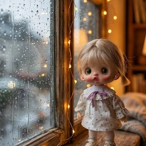 以下が含まれることがあります： 雨粒の窓際に立つ、ブロンドヘアとバラ色の頬のドール。小さな茶色の水玉模様の白いドレス、紫のリボン、白い靴を履いています。窓枠には電飾が巻かれています。