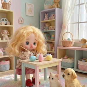May include: A doll with blonde curly hair sits at a miniature table, painting Easter eggs. A white cat and a golden retriever puppy sit nearby. The scene is set in a pastel-colored room with shelves of toys and baskets.