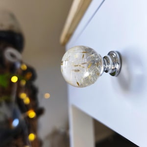May include: A clear, spherical cabinet knob with a silver base, filled with dried dandelion seeds. The knob is attached to a white cabinet door, offering a natural and unique design element.